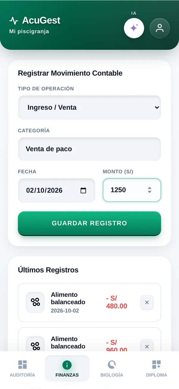 AcuGest funcionando sin conexión: registro de una venta en Finanzas y el gasto anterior ya guardado